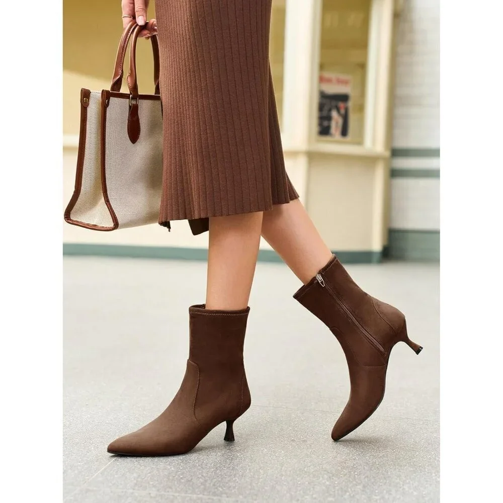 Women's Dark Brown Low Kitten Heel Ankle Shoes Pointed Toe Side Zipper Fall Boot